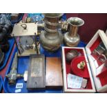 Chinese Brass Vases, Kern Mantel Clock, micrometers, brass tap etc:- One Tray