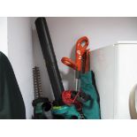 A Bosch ALS 30 Leaf Vacuum & Blower, Flymo 500 strimmer, and a Qualcast 380 hedge trimmer.(3)