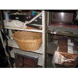 Mirror, folding table, cricket bat, plus stumps, ceiling light, wicker basket.