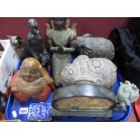 A Carved Buddah, cork picture etc:- One Tray