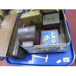 'Teofani Cigarettes' Bakelite Box, quantity of tins, oak jewel coffer:- One tray