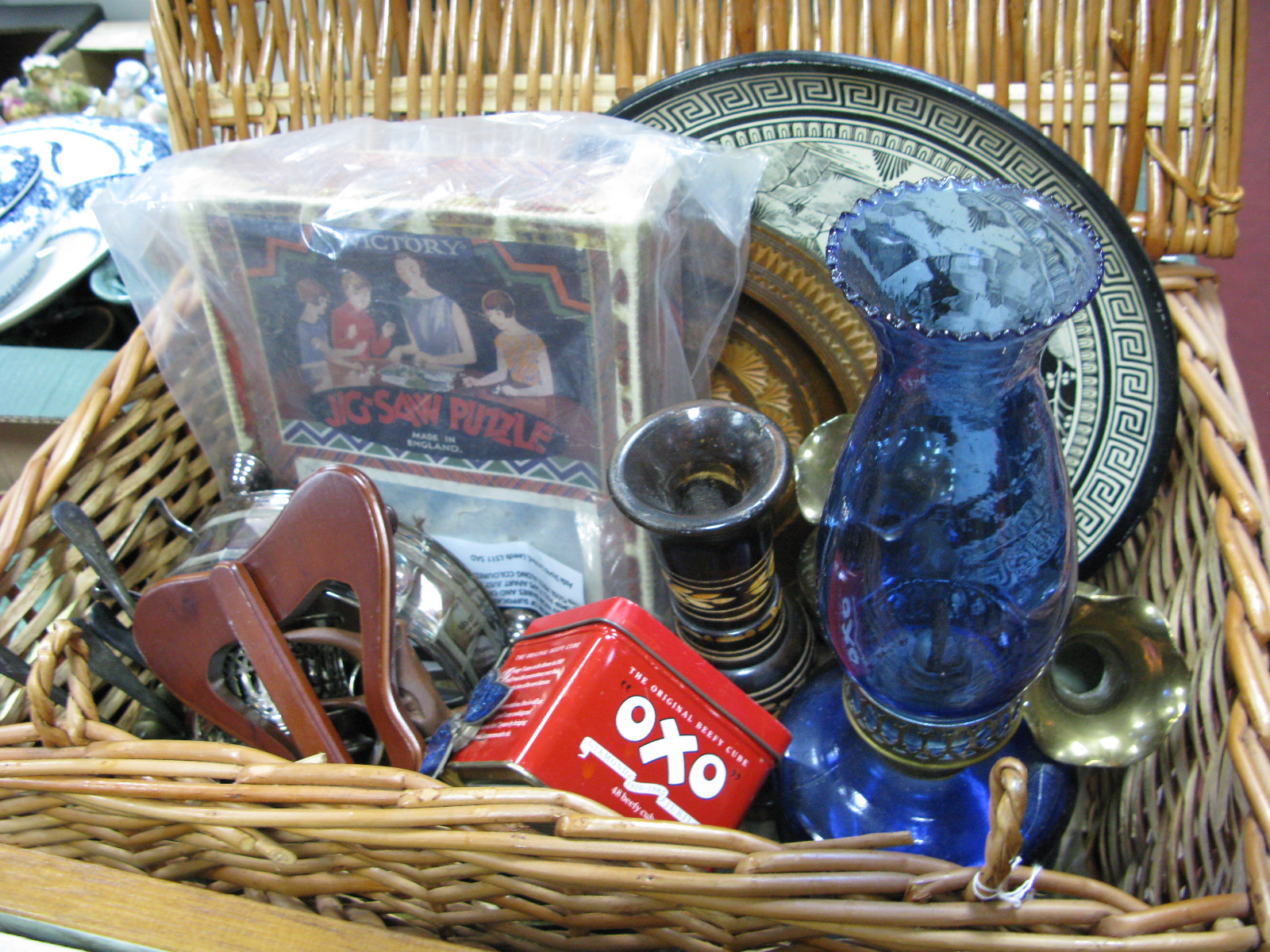 Wicker Hamper, oil lamp, plaques, tin etc.