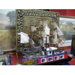 Three Model Vessels, brass fire screen, two prints.