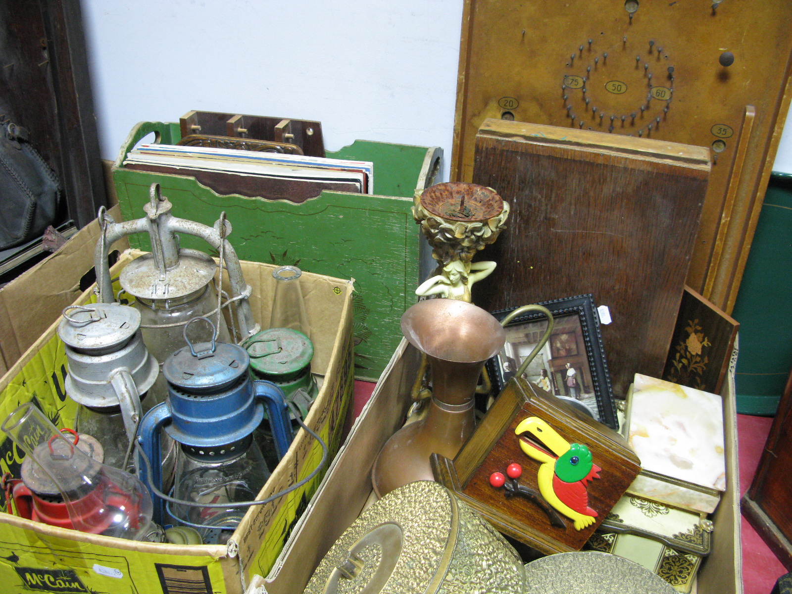 A Collection of Parafin Lamps, bagatelle, onyx cigarette box, oak canteen (box only), storage