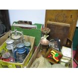 A Collection of Parafin Lamps, bagatelle, onyx cigarette box, oak canteen (box only), storage
