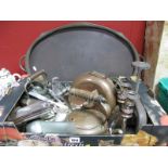 Brass and Copper Oval Gallery Tray, plated cutlery, candlesticks, chamberstick, warming pan,