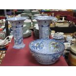 A Pair of Adams Blue and White Hexagonal Chinese Pattern Shaped Vases (D), together with an Adams