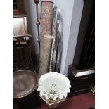 Alabaster Table Lamp, folding steps, rugs, golf clubs.