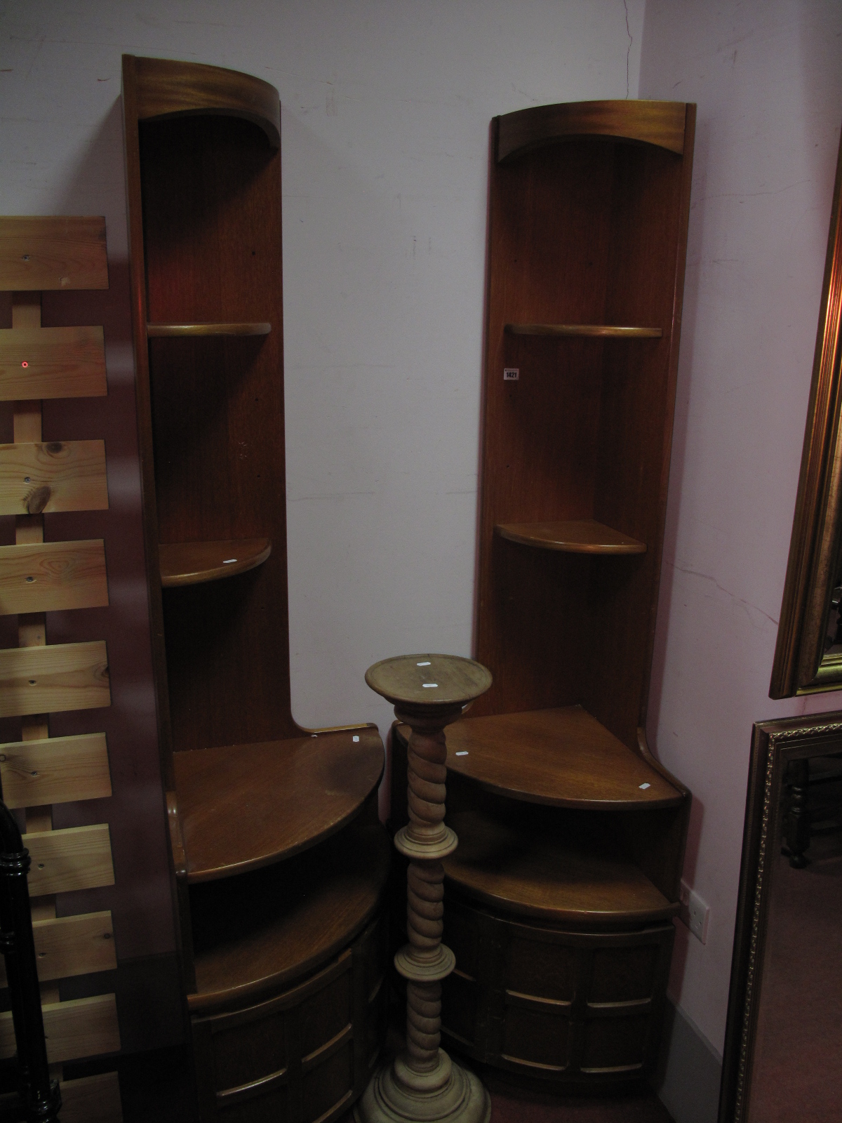 A Pair Of Ercol Style Teak Corner Units, together with an ash Jardiniere stand with barley twist