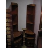 A Pair Of Ercol Style Teak Corner Units, together with an ash Jardiniere stand with barley twist
