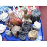 Wooden Elephant, Buddah, money box as an elephant, Jim Shore novelty graduated cats etc - One Tray