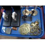 Brass Candlesticks, thimble holder, Neasham sculpture, horse brasses etc:- One Tray