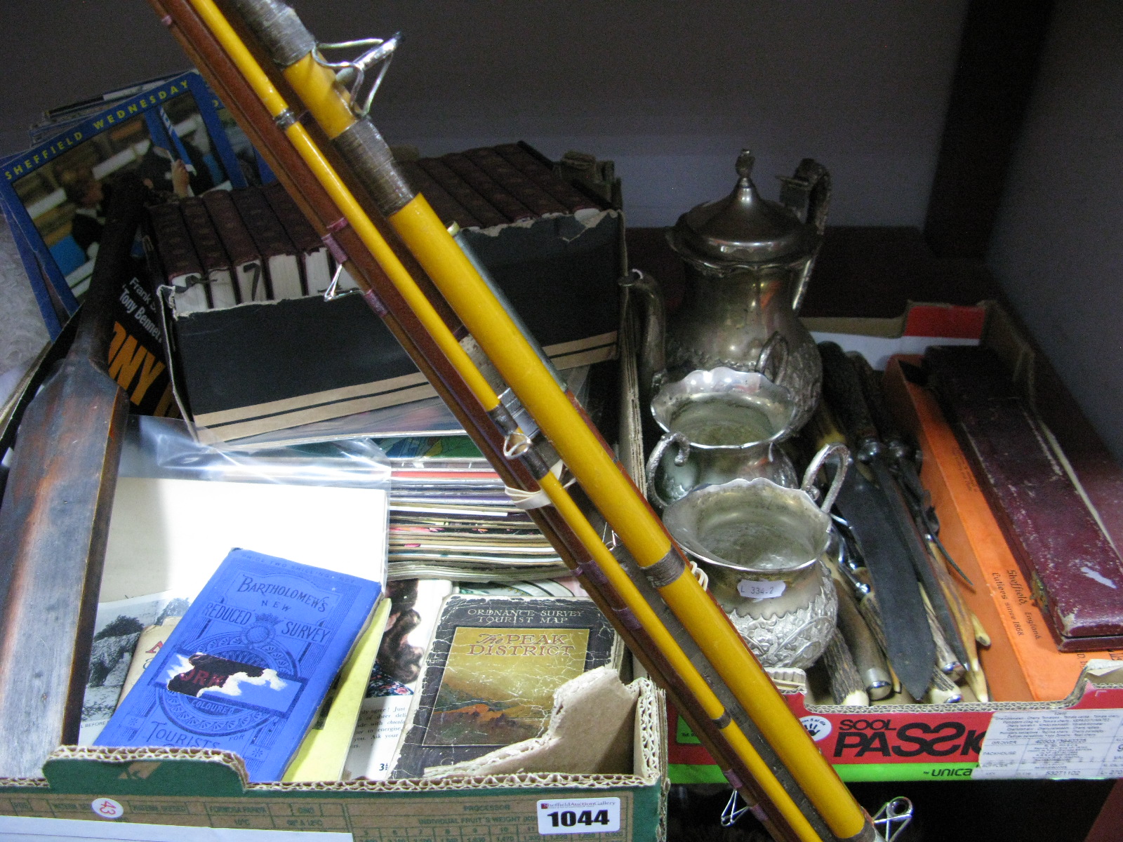 A German Three Piece Plated Tea Service, horn handled carving set, steak knives and forks, cased