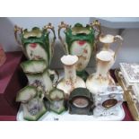 Pair Crown Devon 'Etna' Vases, Athene vase, another pair, three jugs, Swiza and German porcelain