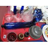 Blue Glass Rolling Pin, decanter, 'bubble' dish, pewter and glass butter dish, pair pottery urns
