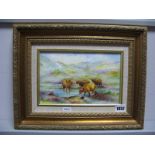 An Abbotts Porcelain Rectangular Plaque, painted with Highland cattle in a mountainous river