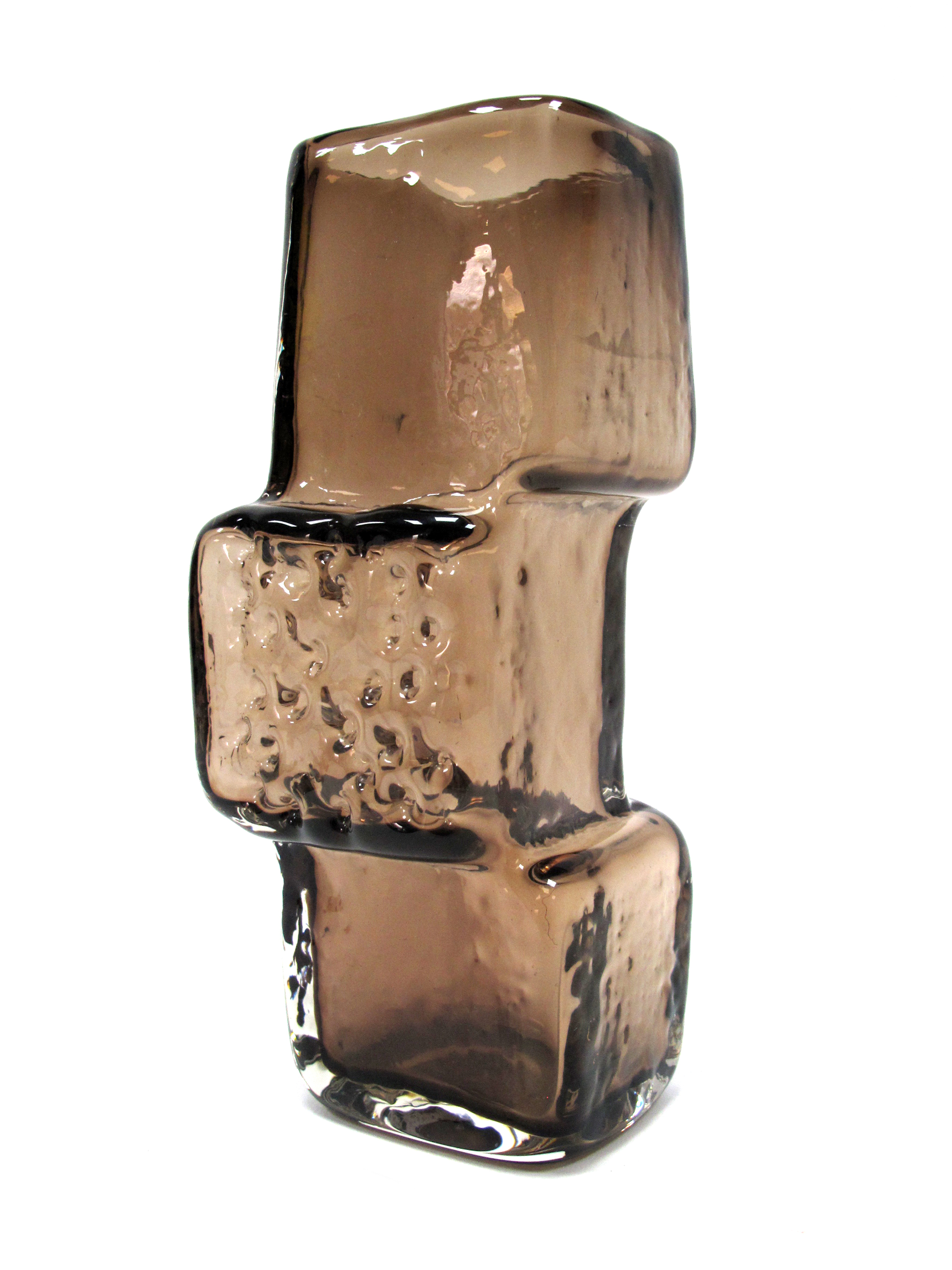 A Whitefriars 'Cinnamon' Glass Drunken Bricklayer Vase, designed by Geoffrey Baxter, 21cm high.