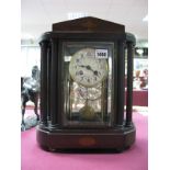 An Edwardian Inlaid Mahogany Eight-Day Mantel Clock, central bevelled door flanked by demi-lune