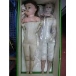 Two Wax Headed Shoulder Dolls, one with glass eyes to cloth body and wax limbs, the other lacking