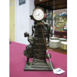 A Late XIX Century Eight-Day Mystery Clock, the bronze case cast with a young couple, he climbing on