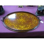 An Edwardian Two-Handled Mahogany Oval Gallery Tea Tray, elaborately inlaid with flowers and