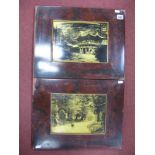 A Pair of Late XIX Century Japanese Panels on Metal, depicting a temple and a wooded landscape, in