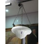 An Early XX Century Milk Glass Ceiling Light, held in a bronzed metal frame and suspended by three