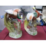 A Pair of Mid to Late XX Century Dresden Models of Exotic Birds, with colourful green, blue, red and