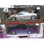 Two UT Models 1:18th Scale Diecast Model Vehicles, BMW Z3 M Coupe 'Blue', McLaren F1 'Silver.'