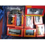 Nine Hornby 'OO' Gauge Items Boxed Rolling Stock, box vans, BP tanker, hoppers, brake van, plus