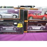 Four Maistro 1:18th Scale Diecast Model Sportscars by Jaguar XJ220 'silver', Mercedes CLK-GTR street