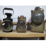 Three Railway Oil Lanterns. two in poor condition (one named 'Ottery St Mary'), the other in good