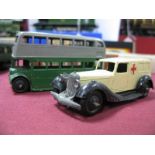 A Post War Dinky 29 Series Double Decker Bus, grey over green and a post war 30 series ambulance,