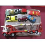 A Corgi Scammell 2 Level Car Transporter, plus six Corgi cars comprising three Minis, Rover 2000,