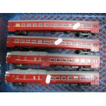 Four Car 'HO' Gauge Diesel Multiple Unit, power unit and dummy, two eight wheel coaches, red livery,