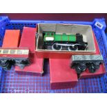 A Hornby 'O' Gauge Type 30 Clockwork Loco, boxed, no tender plus three boxed post war wagons etc,