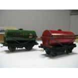 Two Pre-War Hornby Dublo Four Wheel Tank Wagons, a with hand and a Royal Daylight, both fair.