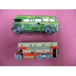 A Small Brimtoy Pocket Toy Tinplate Clockwork Double Decker Bus, and a single decker Green Line.