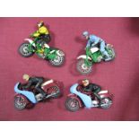 Four 1960's Britains Motorbikes and Riders, including 2 Greeves, all playworn, damaged.