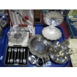 A Cased Set of Six Hallmarked Silver Coffee Spoons, together with plated dishes, three piece cruet