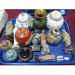 An Oriental Cloisonne Vase, hardstone immortal figures etc:- One Tray