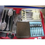 Plated Berry Servers, coffee spoons, Viners knives, other cutlery, Bakelite snuff box, another