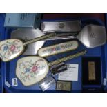 Two Part Dressing Table Sets, one with floral petit point detail, Ronson Varaflame lighters and a