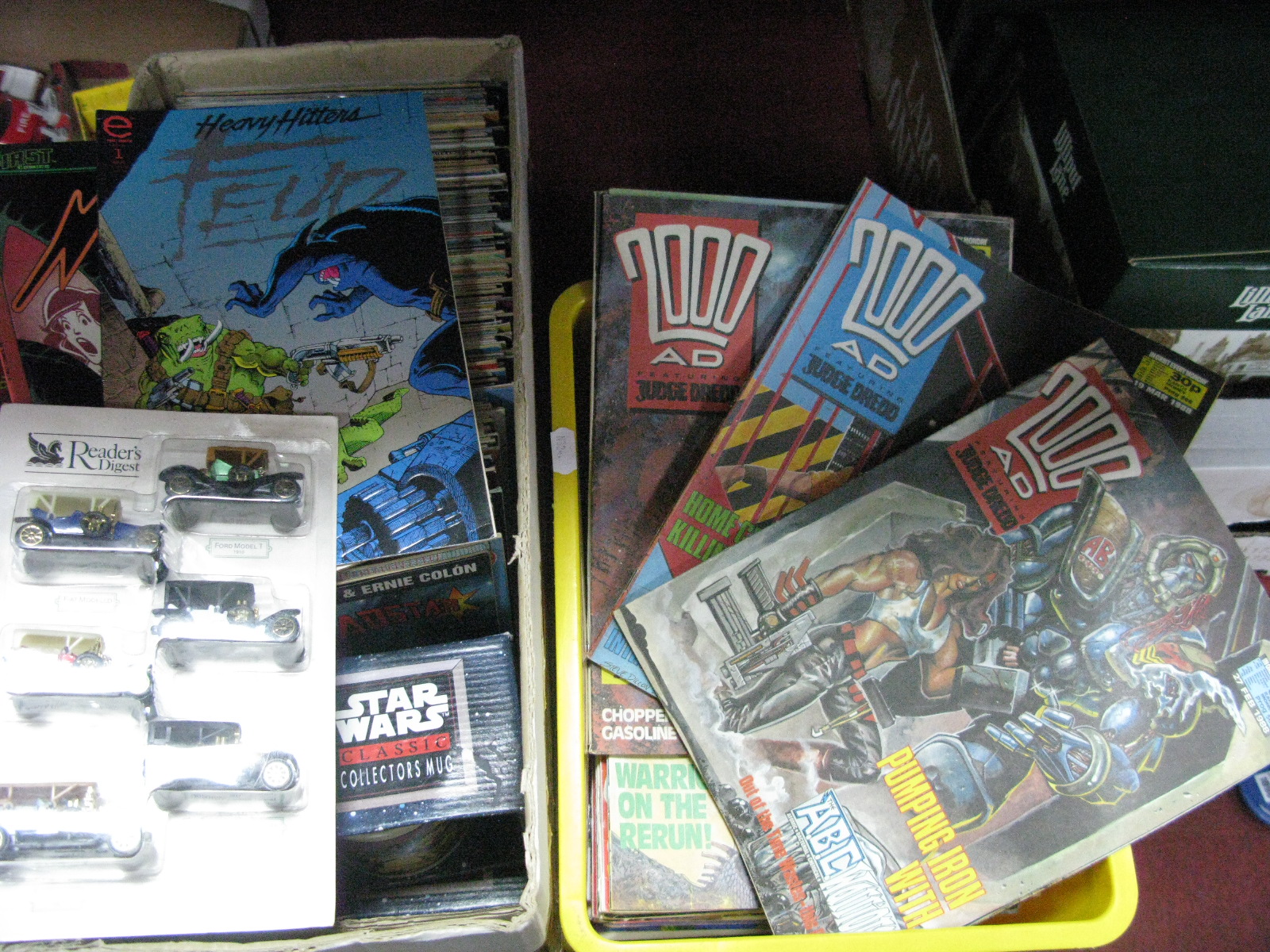 A Quantity of Comics, including 2000AD, Star Wars mugs, Readers Digest vintage car miniatures:-