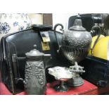 A Papworth Black Leather Brief Case, EPBM tea urn, twin handled with semi-gadrooned decoration,