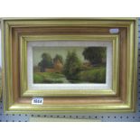 XIX Century Style Oil on Board - A Country Scene of a River with House in Background, signed lower