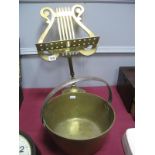 A Cast Brass Musical Score Stand, with lyre rest on square base and a Victorian brass jam pan. (2)