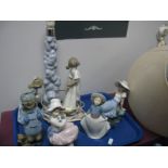 A Nao Pottery Table Lamp as a Girl by Tree, five Nao figurines:- One Tray