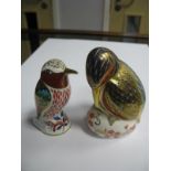 Two Royal Crown Derby Imari Paperweights 'Kingfisher', (1992 gold stopper) and another model bird (