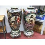 A Pair of Large XX Century Oriental Pottery Floor Vases, of hexagonal form featuring ladies, foliage